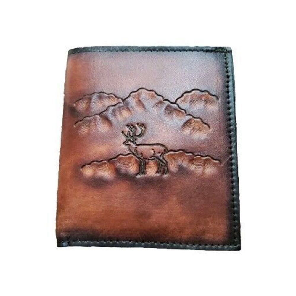 Oleg Cassini by Lyntone Men's Bi-Fold Brown Leather Wallet Box Buck Hunting NOS